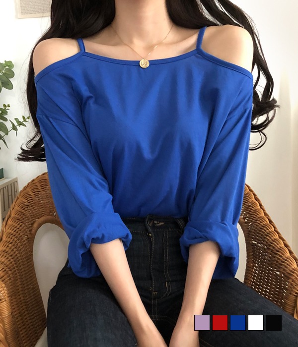 [무료배송] 셀로나 어깨끈 루즈 오프숄더 티셔츠