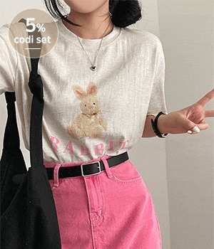 [codi set 5%] 핑크 레빗 반팔 티셔츠 + 크레용 코튼 스커트 [C018 C019]